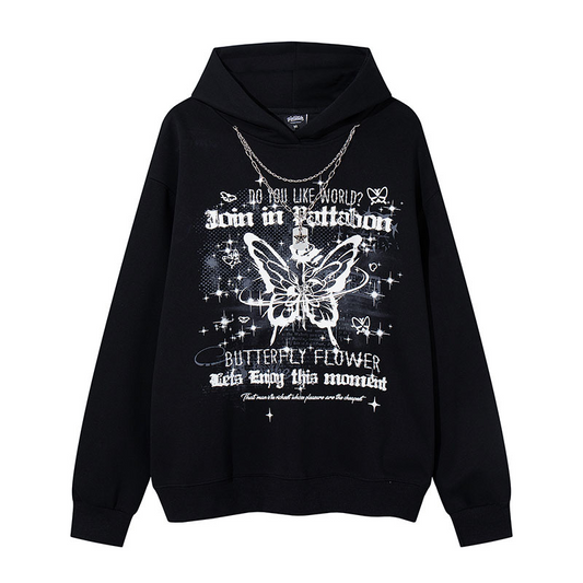 チェーンアクセ付きバタフライプリントパーカー/2color/cm0151