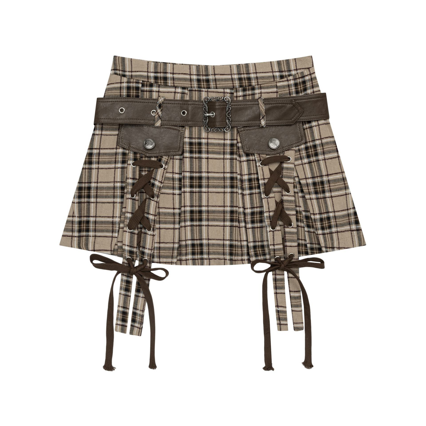 デザインベルトリボンチェックミニスカート/2color/cm0106