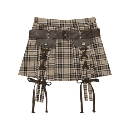 デザインベルトリボンチェックミニスカート/2color/cm0106