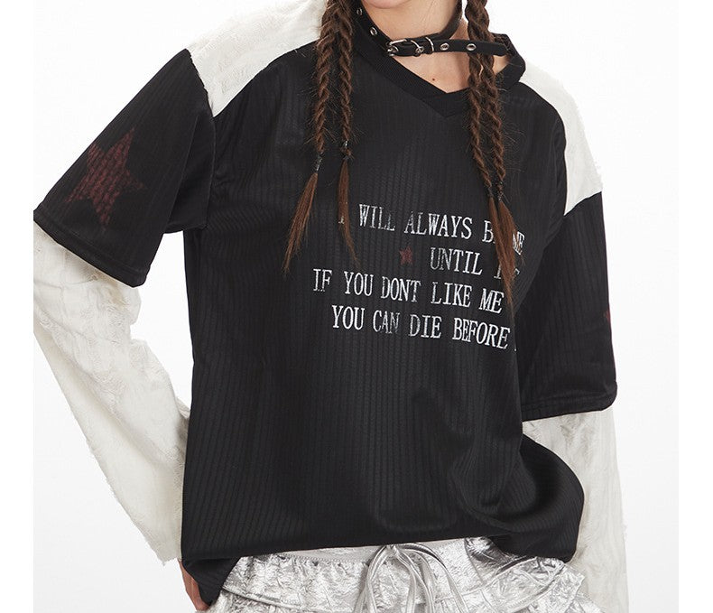 VネックコントラストダメージフェイクレイヤードTシャツ/2color/cm0045