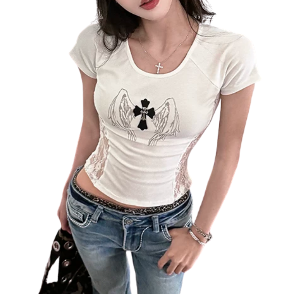 2color/サイドシースルークロスエンジェルTシャツ/cm0277