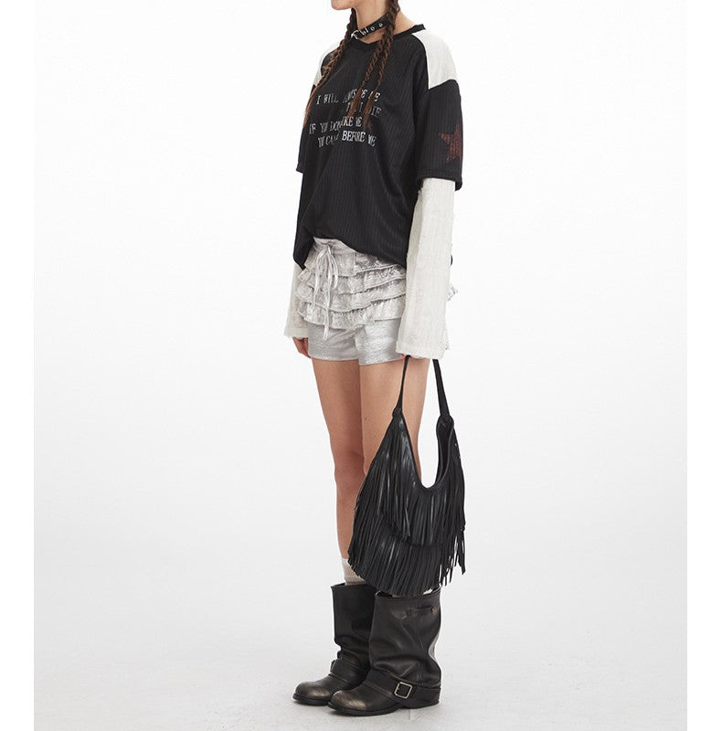 VネックコントラストダメージフェイクレイヤードTシャツ/2color/cm0045