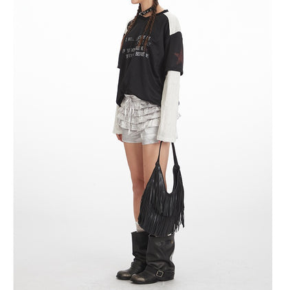 VネックコントラストダメージフェイクレイヤードTシャツ/2color/cm0045