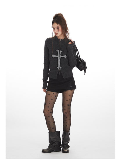 クロスロゴデザインジップアップニット/2color/cm0143