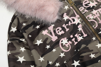 ファー付き迷彩スタープリントジップアップフードパーカー/cm0049