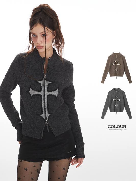 クロスロゴデザインジップアップニット/2color/cm0143