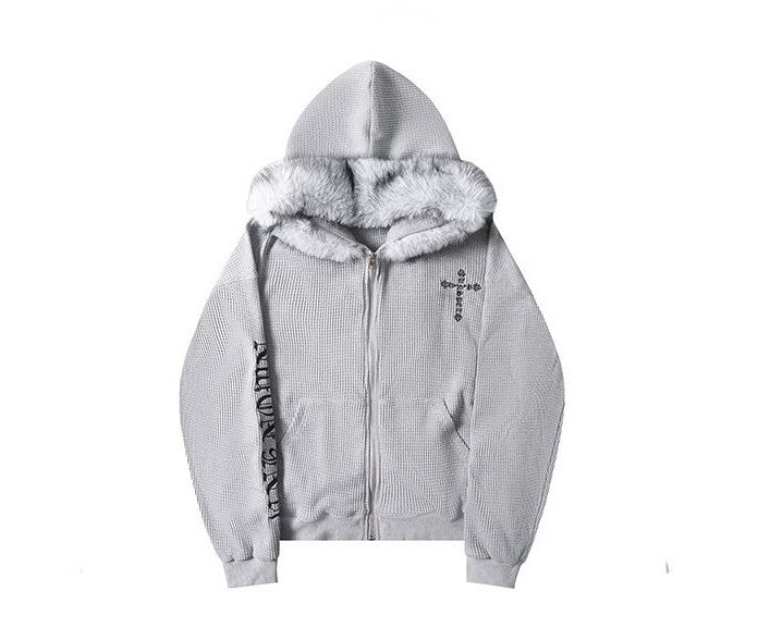 ファーフードワッフルクロスポイントジップアップパーカー/cm0016