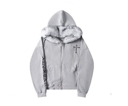 ファーフードワッフルクロスポイントジップアップパーカー/cm0016