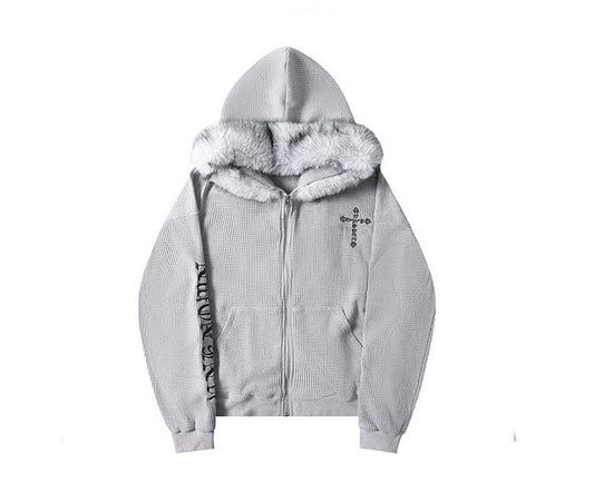 ファーフードワッフルクロスポイントジップアップパーカー/cm0016