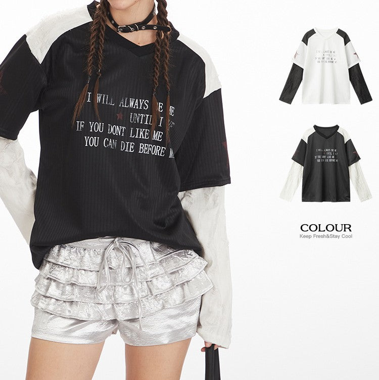 VネックコントラストダメージフェイクレイヤードTシャツ/2color/cm0045