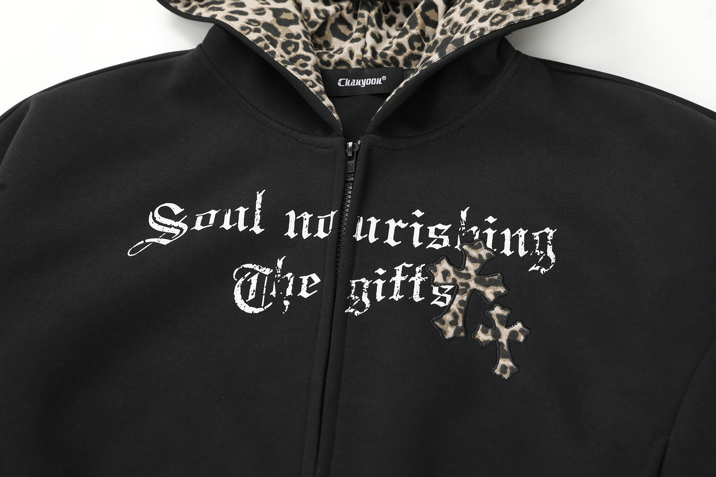 クロスレオパード柄ジップアップパーカー/2color/cm0080