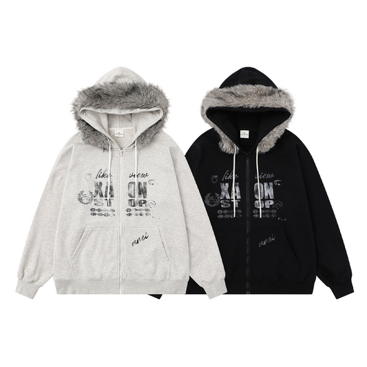 ファー付きプリントスウェットパーカー/2color/cm0029