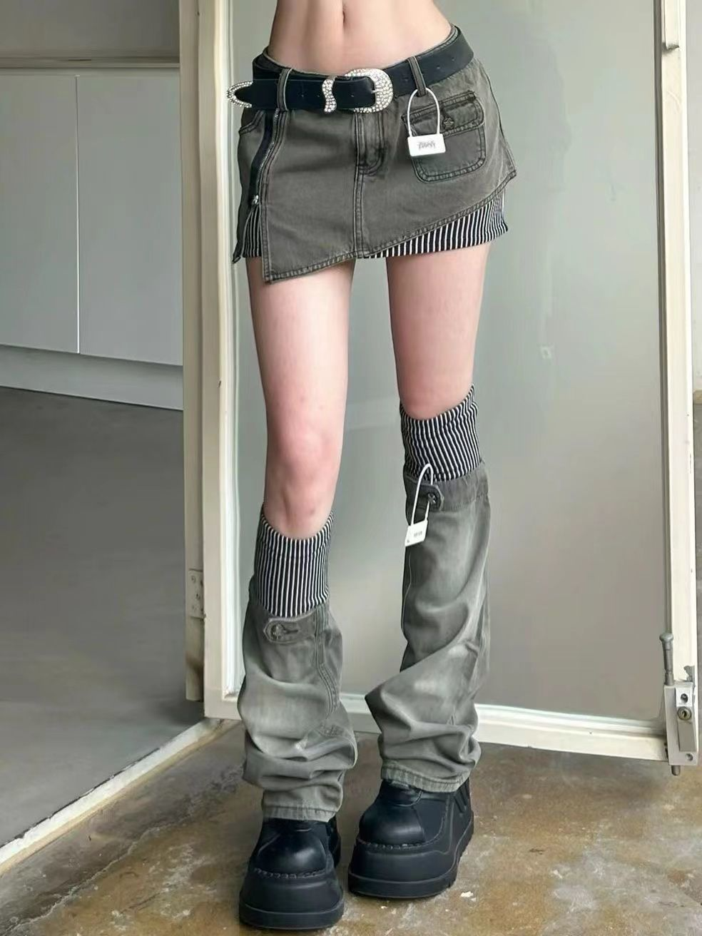 2pcセット/ストライプデザインショートスカート＋レッグカバー/cm0220