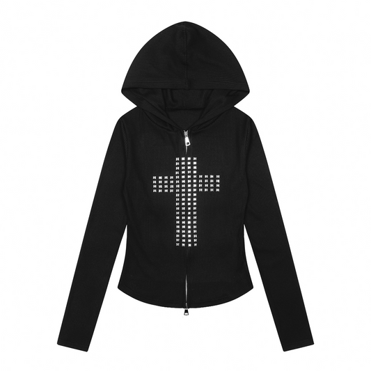 2color/スタッズロゴクロスデザインロングジップアップパーカー/cm0183