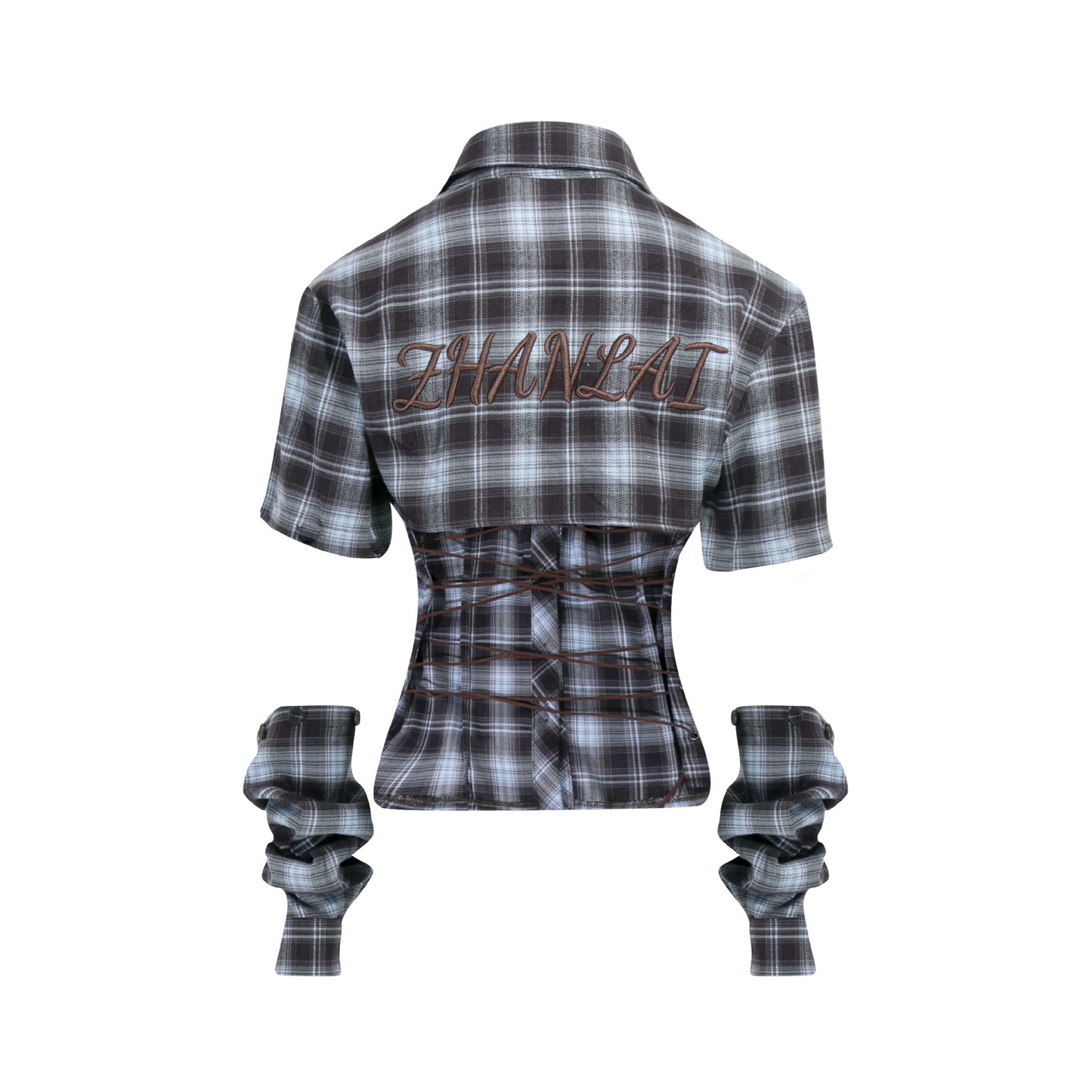 バック刺繍スリーブ取り外しチェックシャツ/cm0095