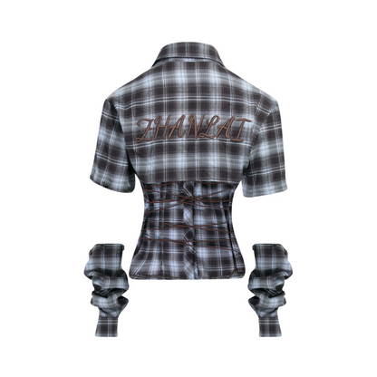 バック刺繍スリーブ取り外しチェックシャツ/cm0095