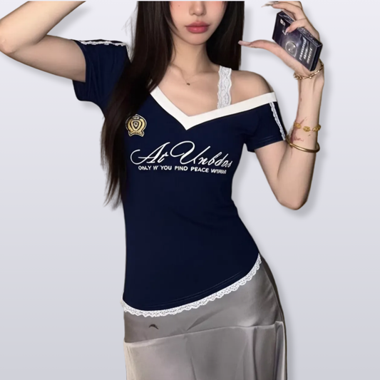 Asymmetrical design/lace shoulder strap short sleeve T-shirt