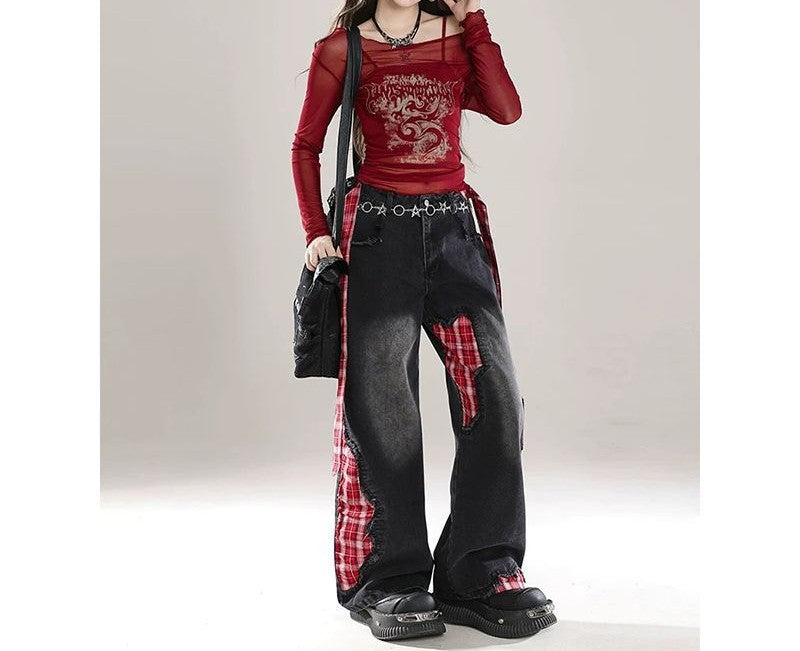 チェック切り替えデニムパンツ/2color/cm0052