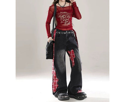 チェック切り替えデニムパンツ/2color/cm0052