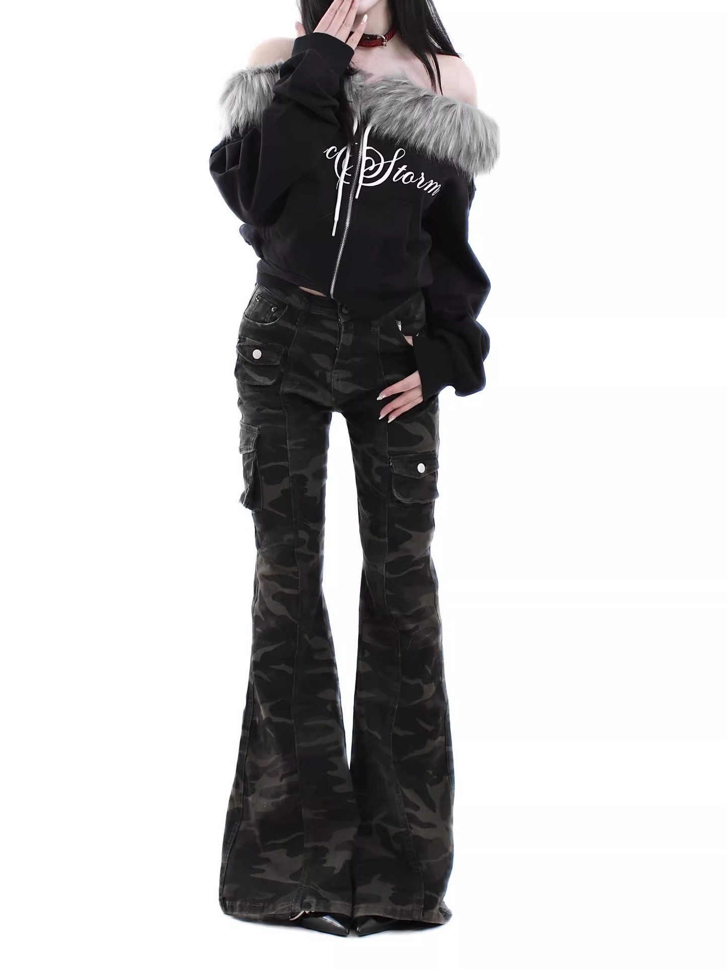 取り外しファー付きプリントジップアップスウェット/2color/cm0051