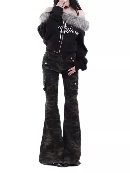 取り外しファー付きプリントジップアップスウェット/2color/cm0051