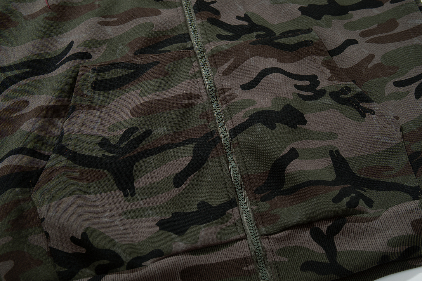 アルファベットパッチワークカモ柄ジップアップパーカー/cm0055