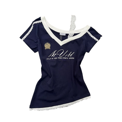 Asymmetrical design/lace shoulder strap short sleeve T-shirt