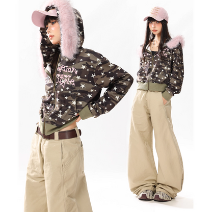 ファー付き迷彩スタープリントジップアップフードパーカー/cm0049