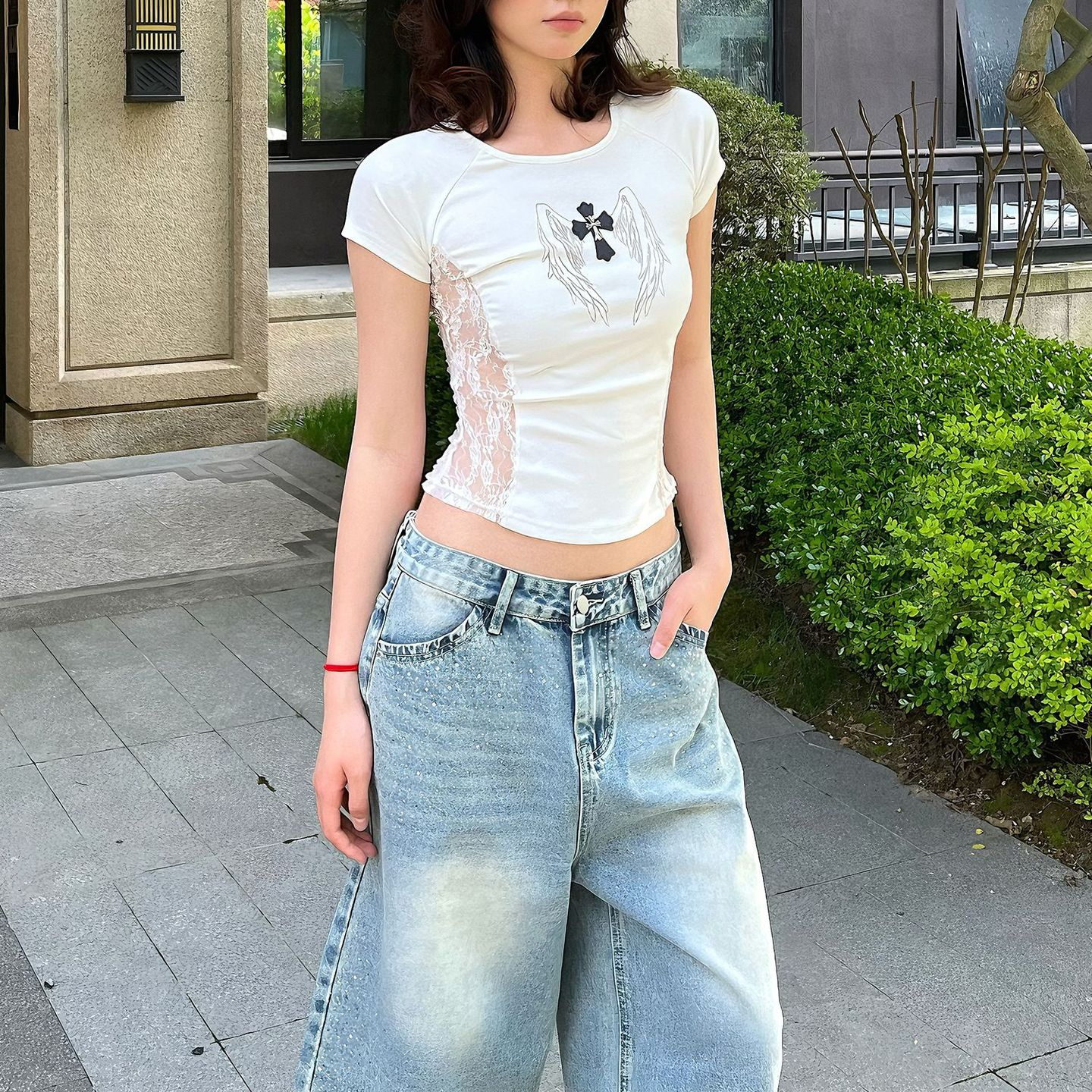 2color/サイドシースルークロスエンジェルTシャツ/cm0277