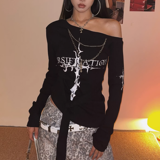 2colot/オフショルダークロスプリントロングTシャツ/cm0199