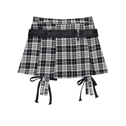 デザインベルトリボンチェックミニスカート/2color/cm0106