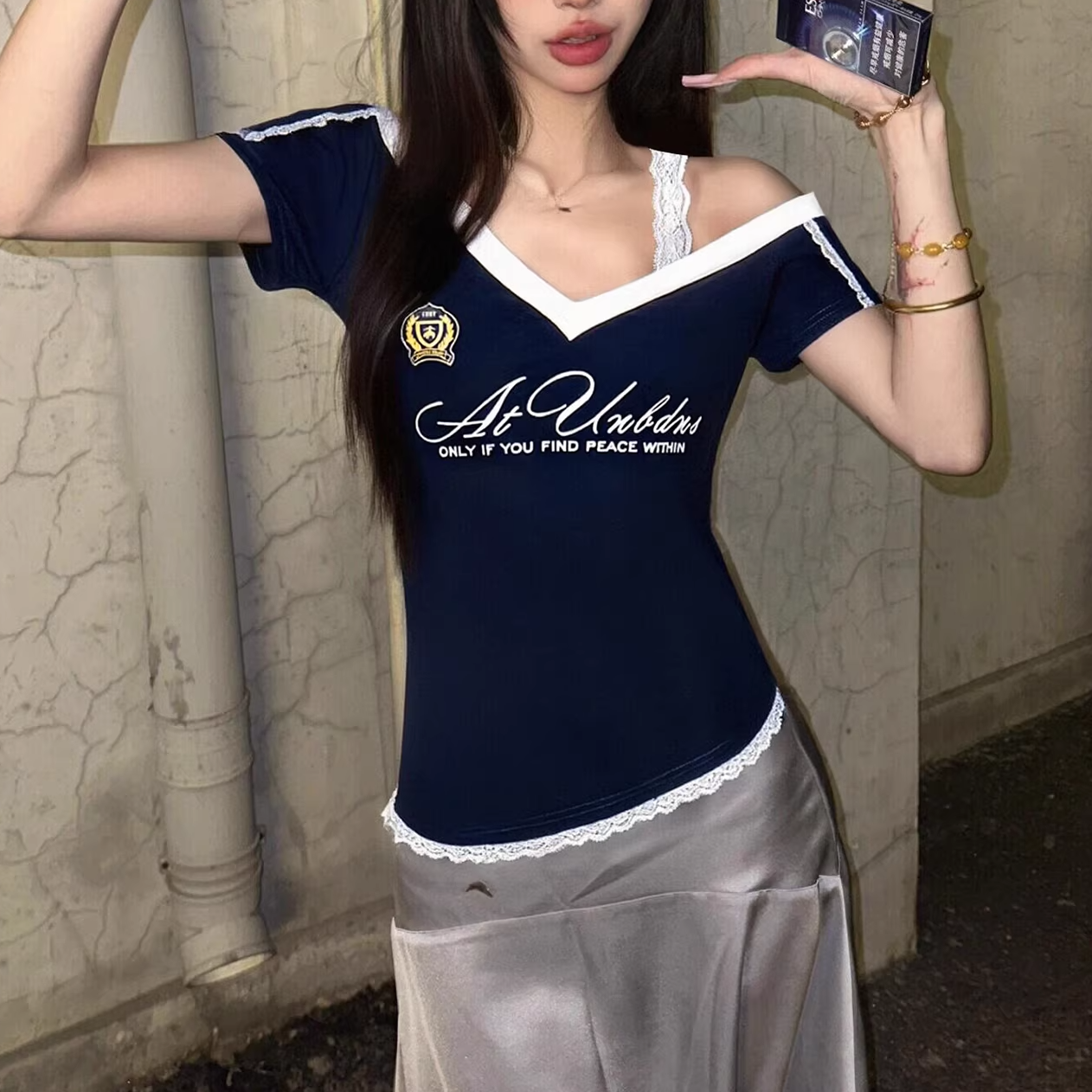 アシンメトリーデザイン/レース肩紐半袖Tシャツ/2color/cm0036