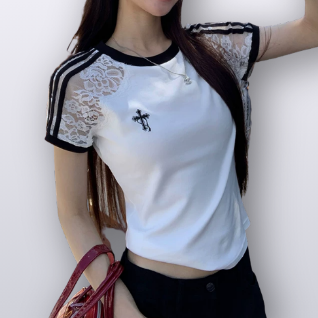 シースルーショルダーワンポイントクロス半袖Tシャツ/cm0301