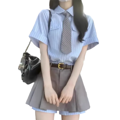 2pc/カレッジスタイルセットアップ/ストライプシャツ+スカート/cm0268