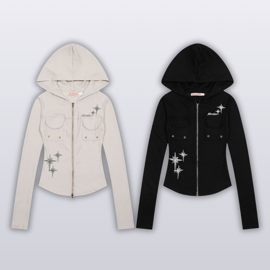 Double Pocket/Star Print Zip-Up Sweatshirt [2 colors]