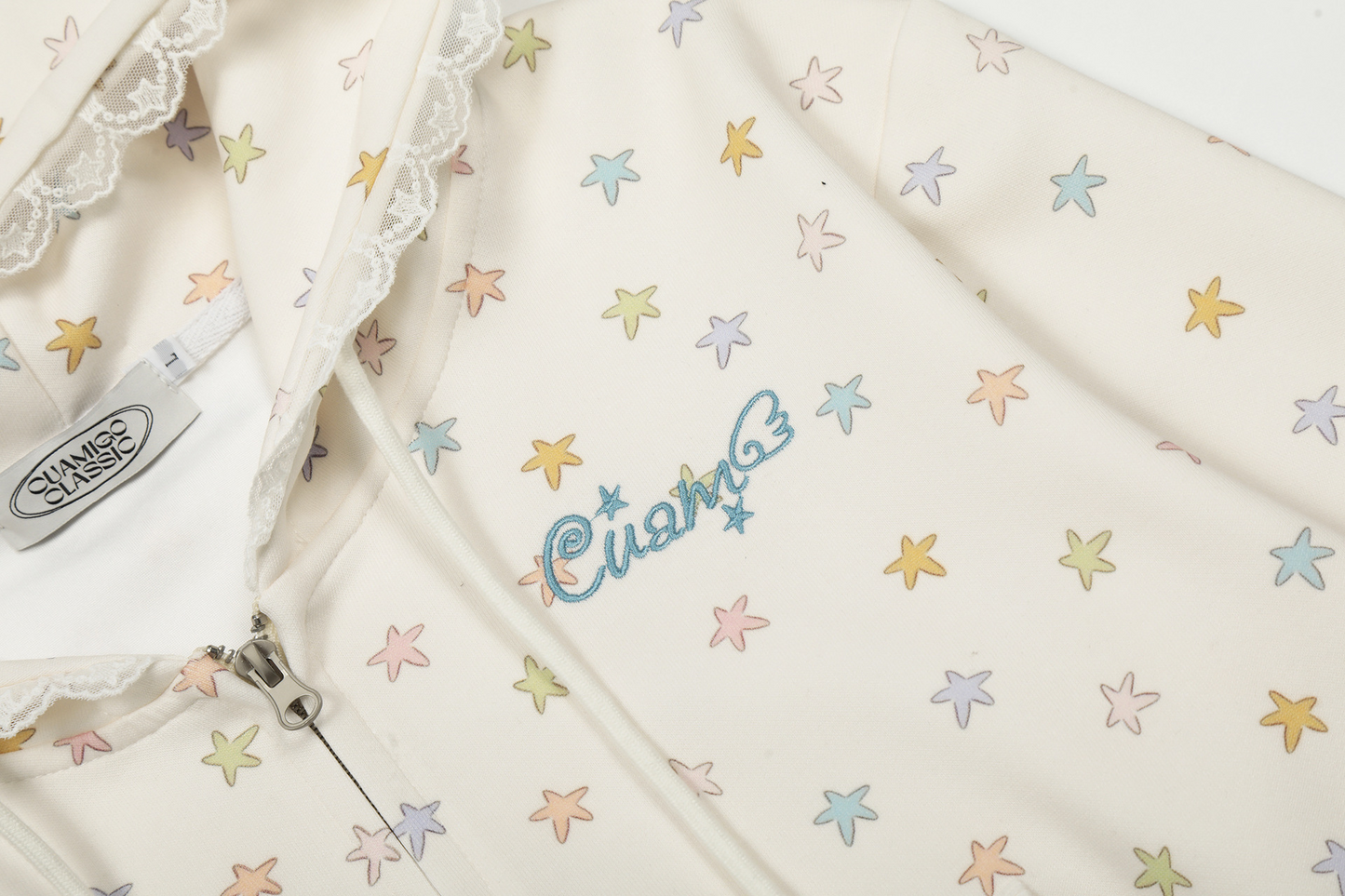 レース縁フードスタープリントジップアップパーカー/cm0050