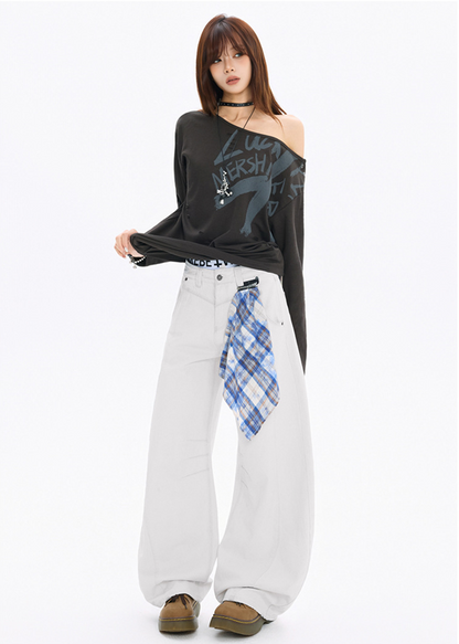 チェッククロス付きワイドレッグデニムパンツ/3color/cm0118