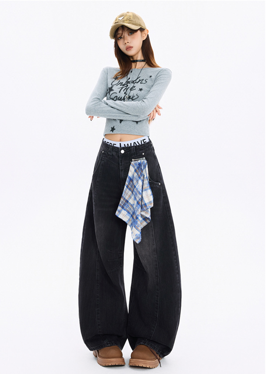 チェッククロス付きワイドレッグデニムパンツ/3color/cm0118