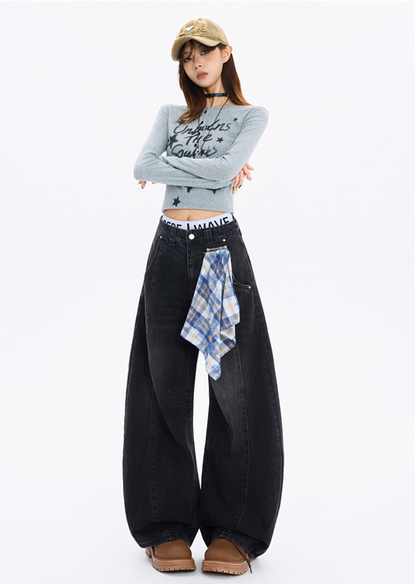 チェッククロス付きワイドレッグデニムパンツ/3color/cm0118