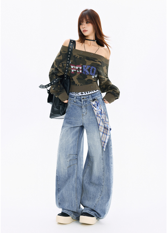 チェッククロス付きワイドレッグデニムパンツ/3color/cm0118