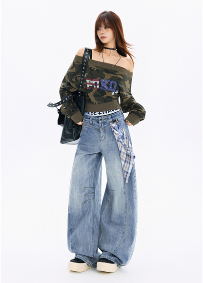 チェッククロス付きワイドレッグデニムパンツ/3color/cm0118