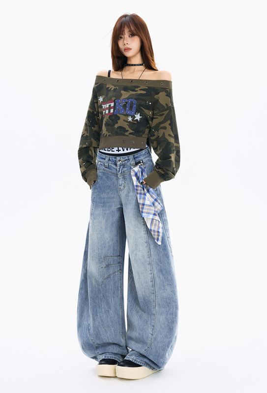 チェッククロス付きワイドレッグデニムパンツ/3color/cm0118