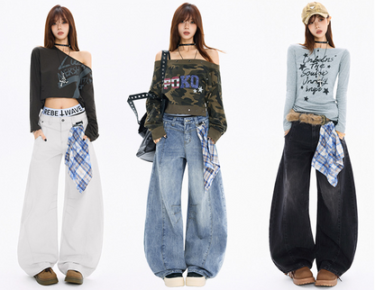 チェッククロス付きワイドレッグデニムパンツ/3color/cm0118