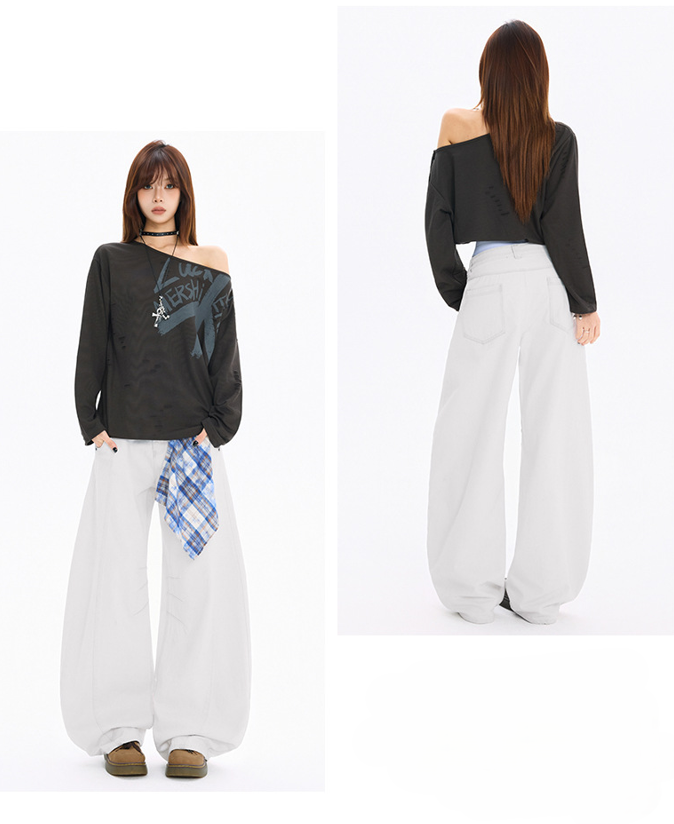 チェッククロス付きワイドレッグデニムパンツ/3color/cm0118