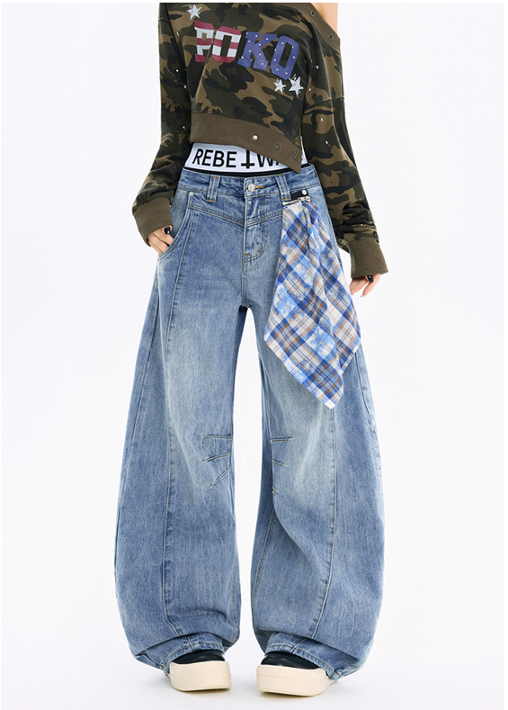 チェッククロス付きワイドレッグデニムパンツ/3color/cm0118