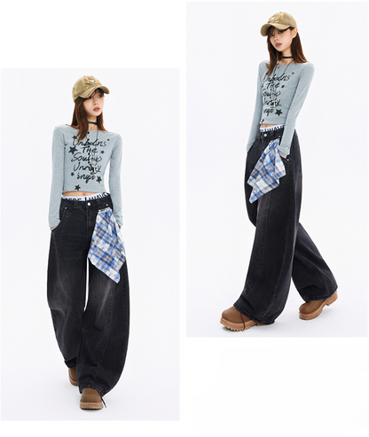 チェッククロス付きワイドレッグデニムパンツ/3color/cm0118