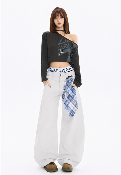 チェッククロス付きワイドレッグデニムパンツ/3color/cm0118