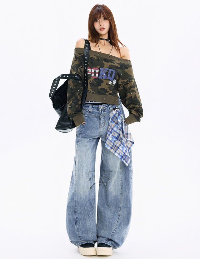 チェッククロス付きワイドレッグデニムパンツ/3color/cm0118