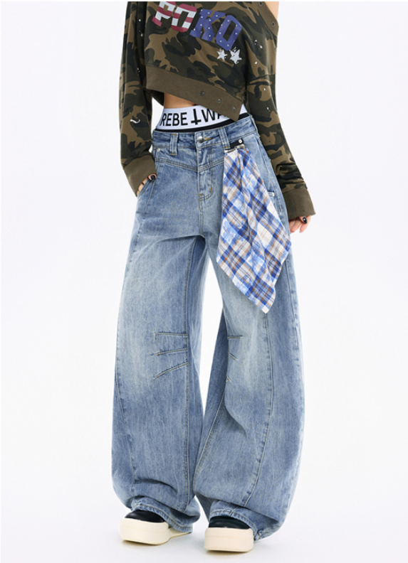 チェッククロス付きワイドレッグデニムパンツ/3color/cm0118