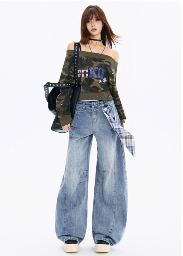 チェッククロス付きワイドレッグデニムパンツ/3color/cm0118